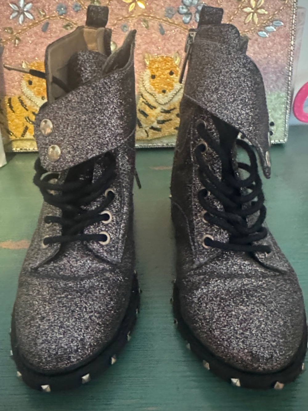 Vince Camuto Girls' Charcoal Glitter Combat Boots